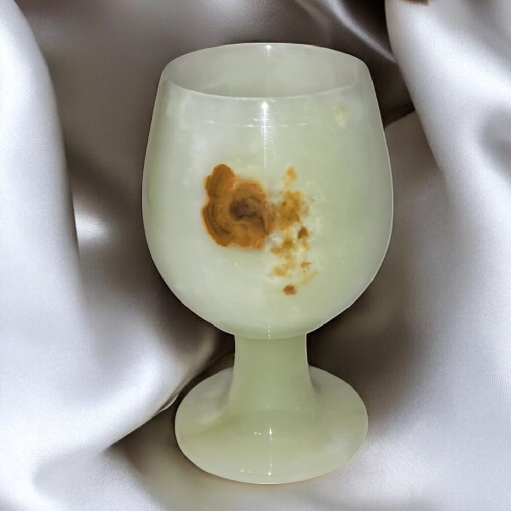 Elegant Green Onyx Carved Stone Goblet – Polished Floral Design, Unique Red Mark